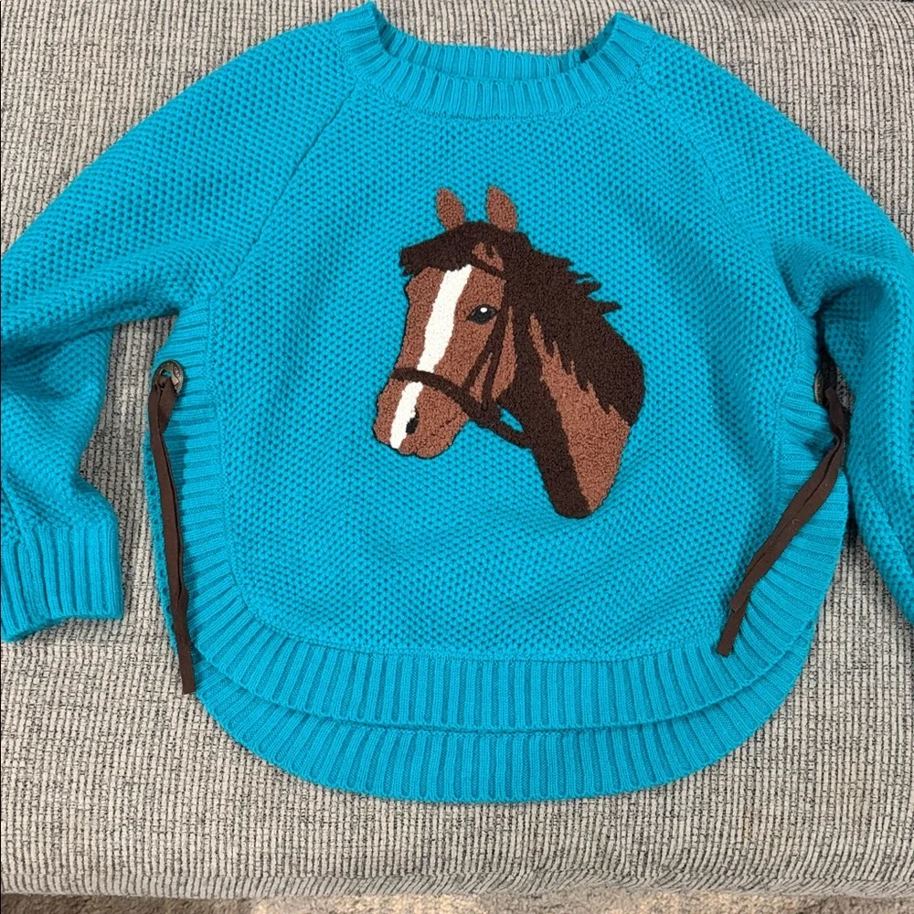 NWOT Cotton Rye Kids Blue Knit Horse Western Ribbed Waist and Wrist Sweater